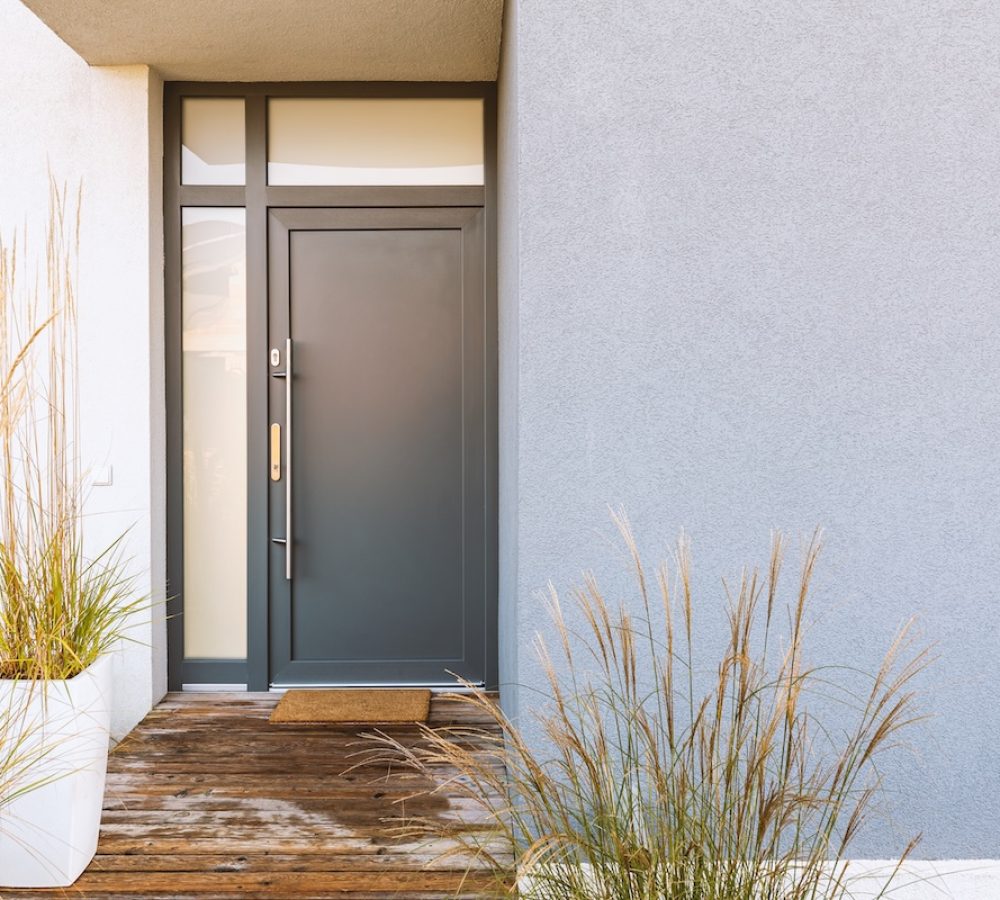 Grass in pot and wooden path in front of front door stylish suburban house